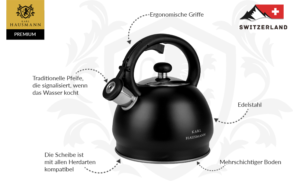 Чайник електричний KARL HAUSMANN Induktion 1.8L чорний з авто-свистком - нержавіюча сталь для всіх плит