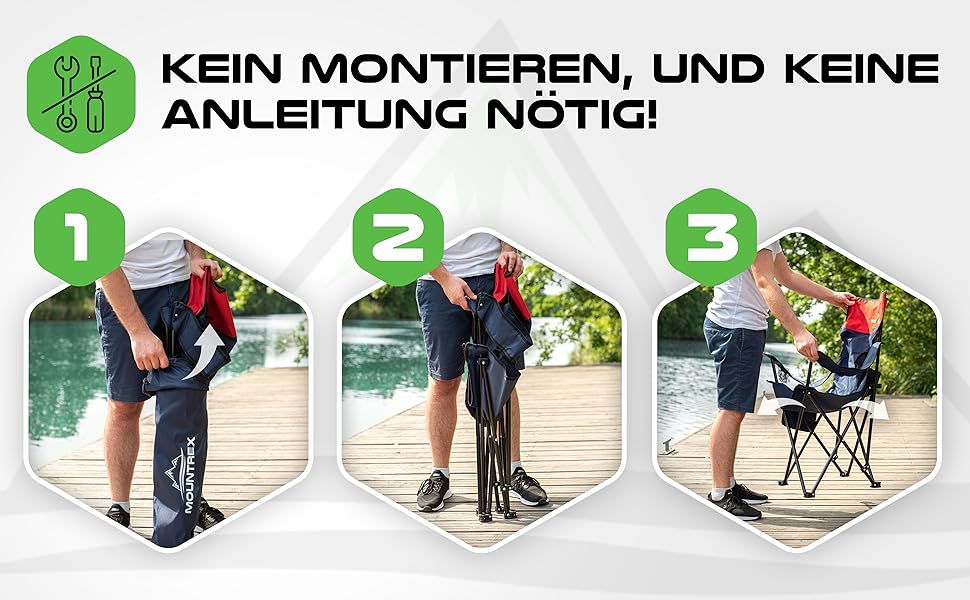 Крісло для кемпінгу MOUNTREX складне (до 120 кг) - регульовані підлокітники, для риболовлі, пляжного відпочинку, компактне та легке, з підстаканником та сумкою, чорне