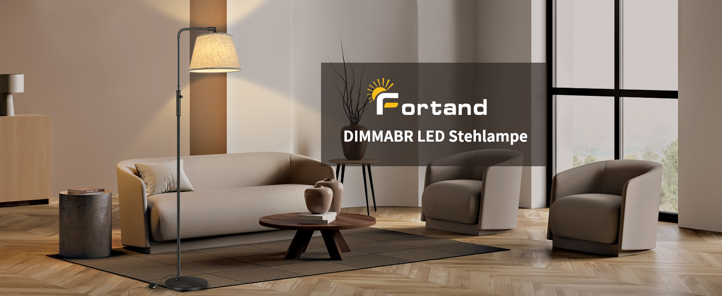 LED торшер Fortand з регулюванням яскравості, тканинний абажур, 3 колірні температури (3000K-6500K), поворотний та підлоговий вимикач