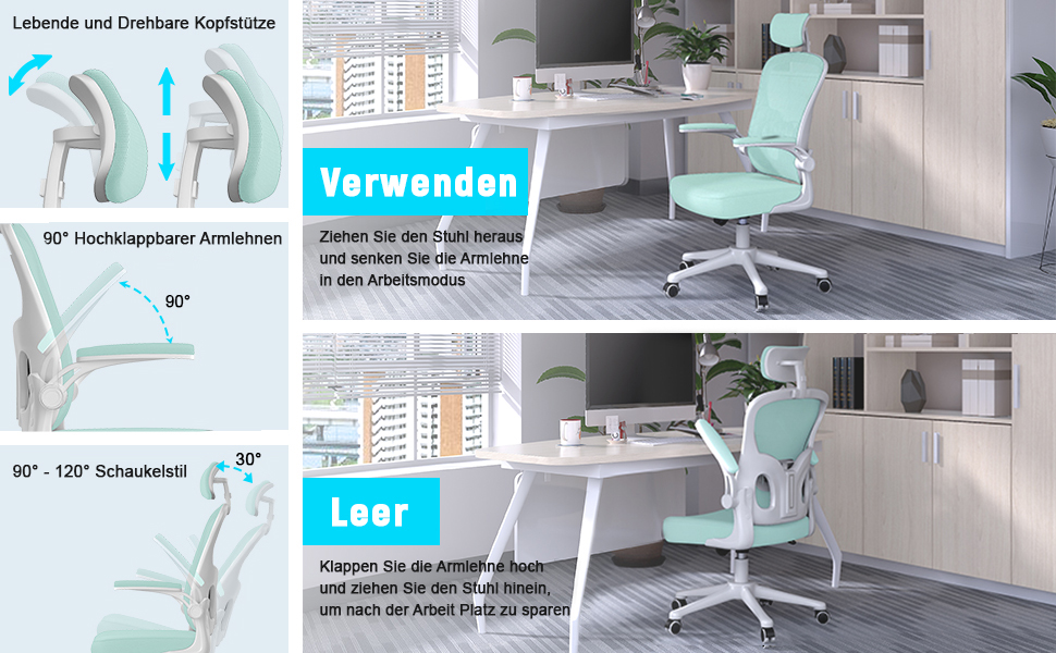 Офісний стілець Naspiro з регульованими підлокітниками, ергономічний, з сітчастою спинкою, підтримкою попереку, регульованою висотою, м'яким сидінням, поворотний на 360°, (зелений, з підголовником)