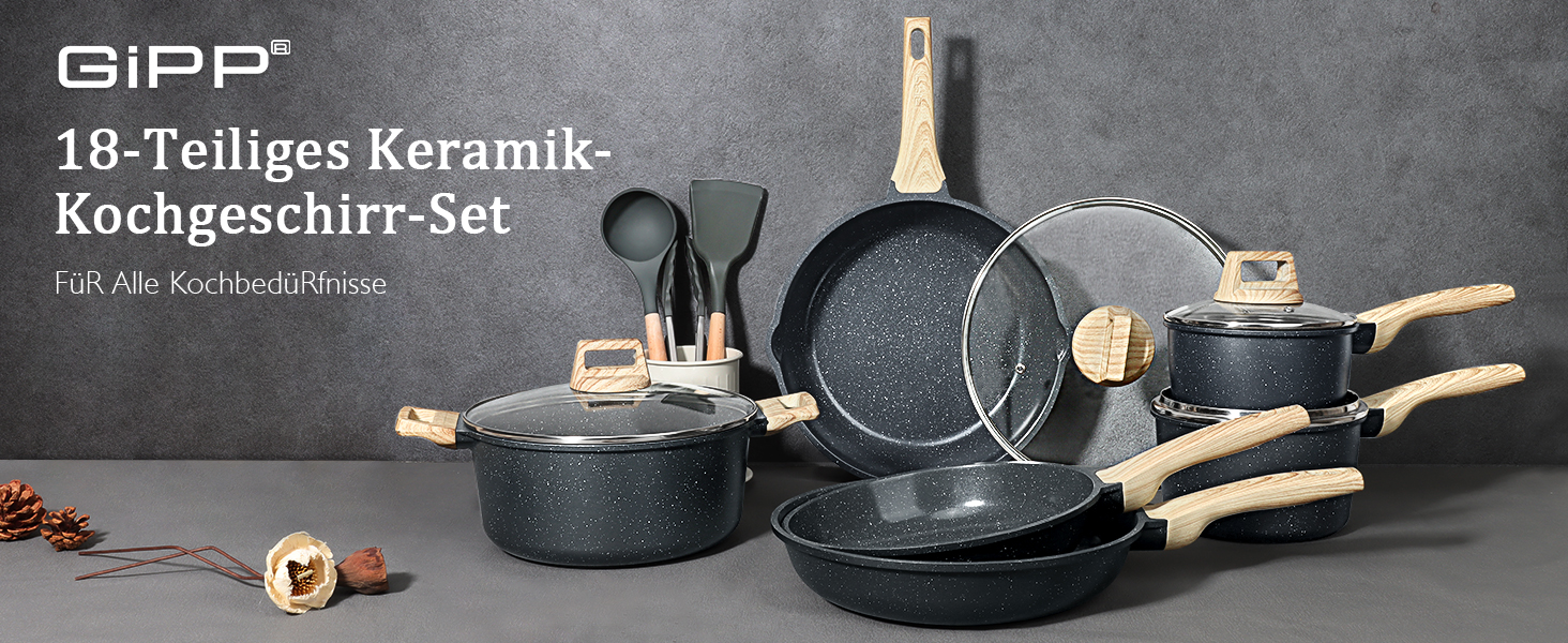 Набір кухонного посуду GiPP 18 предметів: каструлі, сковорідки, сочевички з антипригарним покриттям, сірий