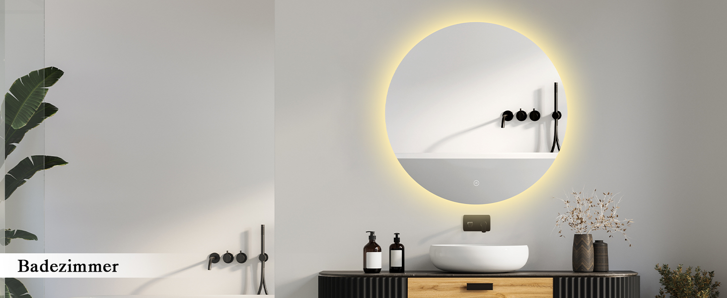 Дзеркало для ванної кімнати з підсвічуванням LED, антизапотівання, сенсорне управління, регулювання яскравості, 3 кольори світла, функція пам'яті, захист від вибуху, кругле дзеркало 50 см (діаметр), 60x60 см (розміри)