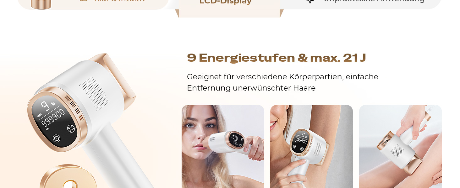 Пристрій для епіляції IPL з охолодженням 8°C, 9 рівнів, 600 нм, LCD-екран, для жінок та чоловіків, обличчя, руки, бікіні-зона, тіло, золотий