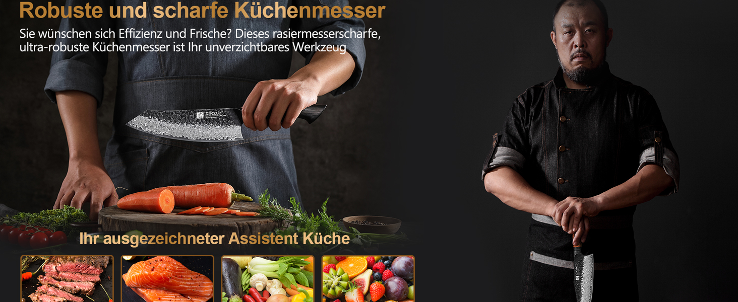 Ніж Сантоку XINZUO Damaststahl 19,3 см - професійний кухонний ніж з дамаської сталі, серія Mo, ергономічна ручка з білого дуба