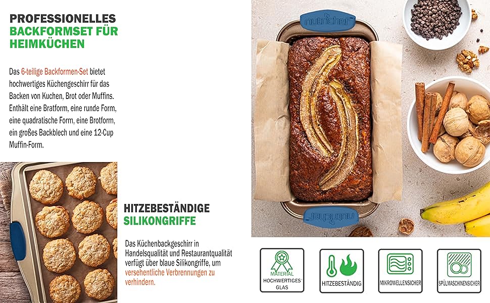 Набір форм для випічки NutriChef 6 шт. – дека для випічки, форма для мафінів, кексова форма з антипригарним покриттям, термостійка до 230°C, стіклива з силіконовими ручками з вуглецевої сталі – ідеально підходить для тортів, хліба та мафінів