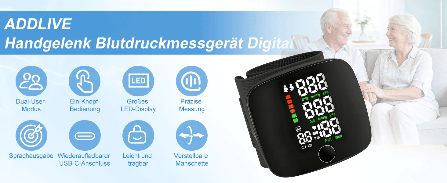 Тонометр на зап'ясті ADDLIVE Digital - точний вимір артеріального тиску з LCD-дисплеєм та пам'яттю на 99 показників, автоматичне озвучування (німецька мова)