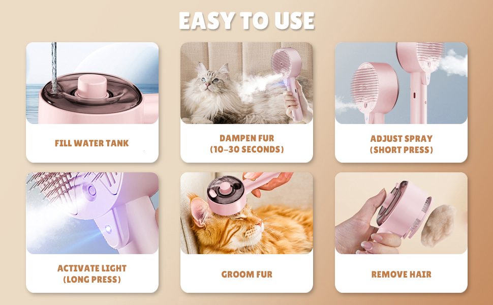 Парова щітка для котів 4-в-1, 4-в-1 парова щітка для котів, щітка для котів з водою, видаляє шерсть домашніх тварин одним натисканням кнопки, щітка для котів та собак (біла) (рожева)