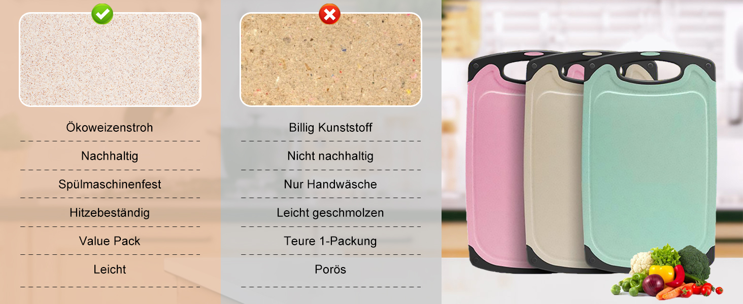 Набір дерев'яних обробних дощок з пшеничного соломи (3 шт.) - безпечні, легкі, з антиковзким покриттям, для кухні