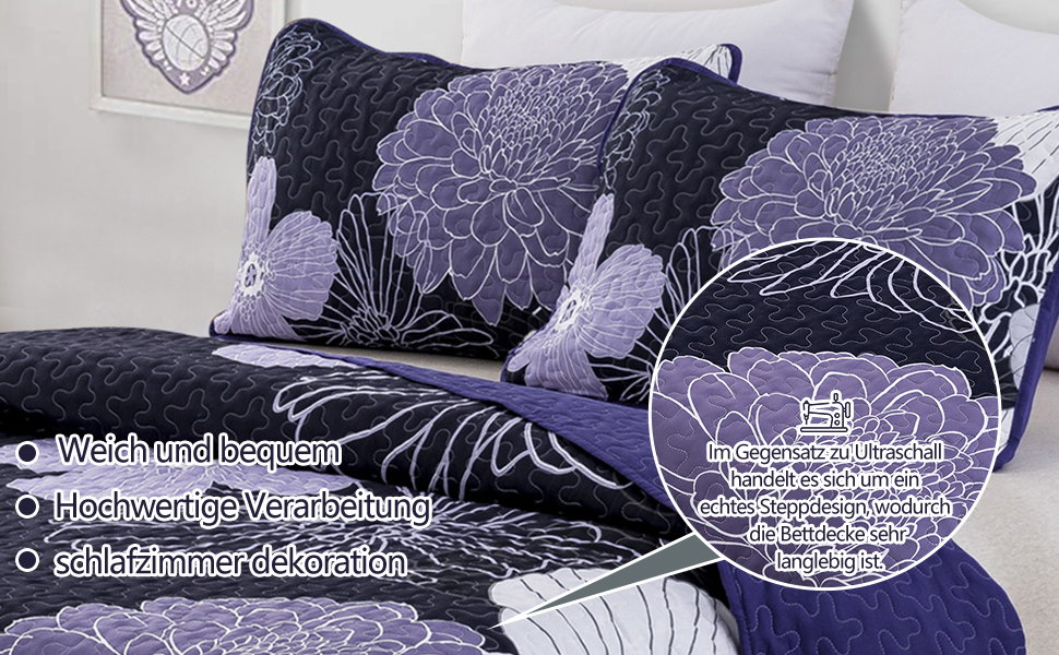 Покривало WONGS BEDDING 220x240 см, лілове, квітковий принт, мікрофібра, літнє стьобане покривало для двоспального ліжка + 2 наволочки 50x75 см