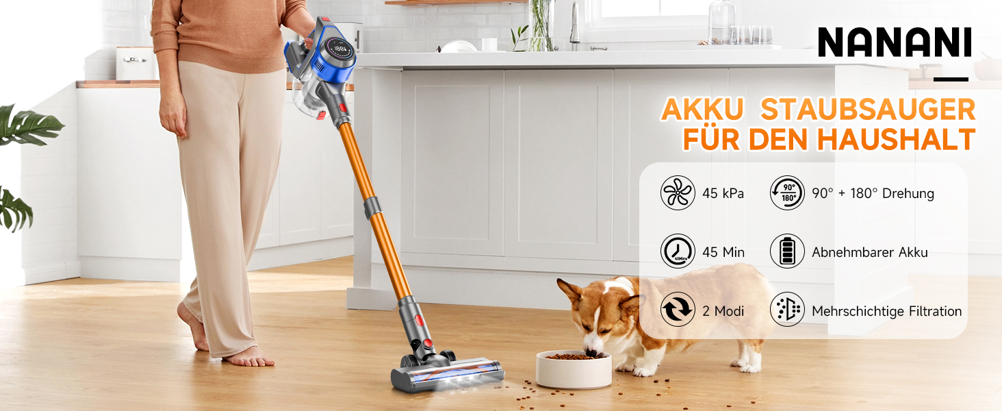 Бездротовий акумуляторний пилосос 45000 Па / 45 хв - 1,6 л з LED-дисплеєм, антизаплутувальною насадкою, тихий (<60 дБ), HEPA-фільтр, для видалення шерсті тварин, килимів, твердих поверхонь, авто, блакитний