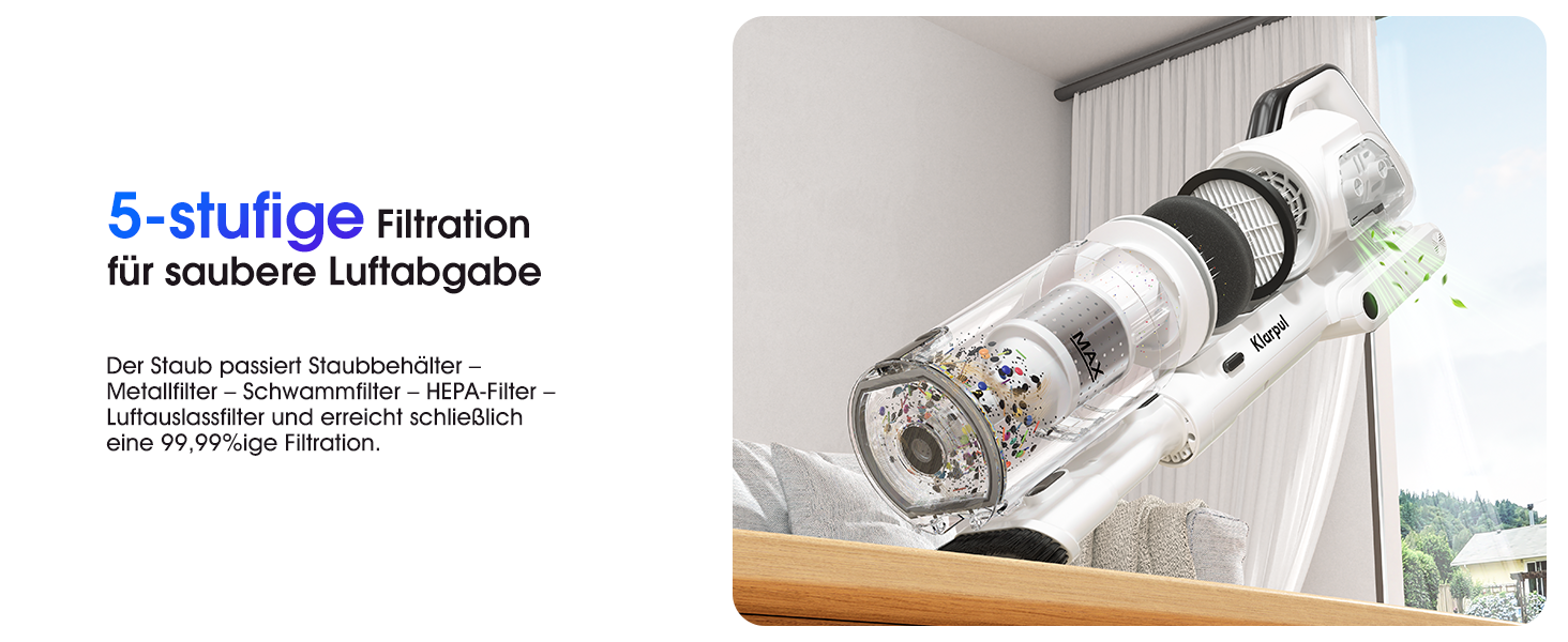 Бездротовий пилосос Klarpul 4800Pa з LED-дисплеєм та антизаплутувальною насадкою, 65 хвилин роботи, швидка зарядка 2 години, для твердих поверхонь та килимів, срібний