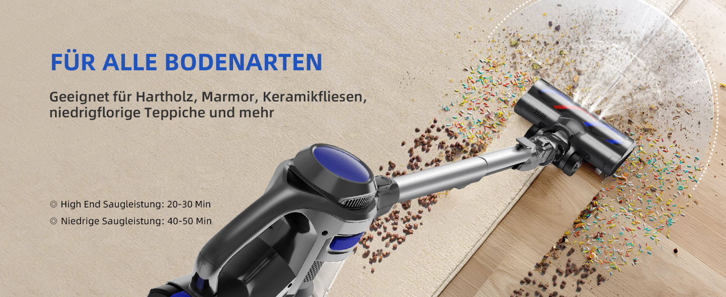 Бездротовий пилосос Authmic 40000Pa з акумулятором, час роботи до 50 хв, об'єм контейнера 1.6л, HEPA фільтр x4, для килимів, твердих підлог та шерсті тварин (блакитний)