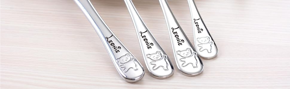 Дитячий столовий прилад Kinderbesteck з гравіюванням імені/мотива 'Teddy Bärchen' (ведмедик), 1 або 4 шт. у наборі, з нержавіючої сталі, гравіювання стильною літерою
