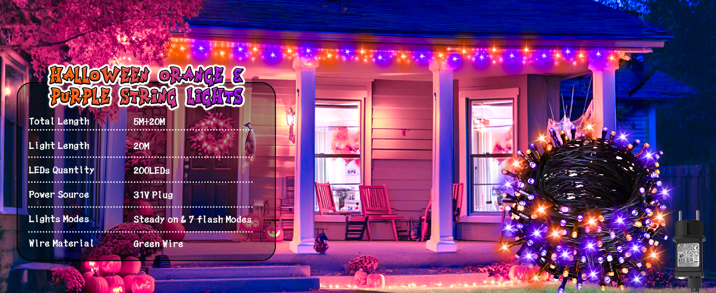 Льо́нги́ гірля́нда для прикраша́ння на Рі́здво, 200 LED, живлення від мережі, таймер, 8 режимів, вологостійка, для ялинки, саду, внутрішнього та зовнішнього використання, тепле біле світло (оранжево-фіолетовий), 20 метрів