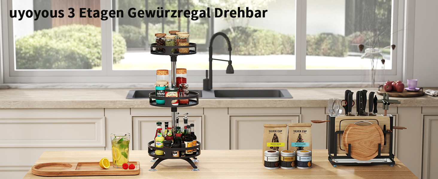 Організатор для спецій, поворотний на 360°, 3 яруси, з нержавіючої сталі, чорний