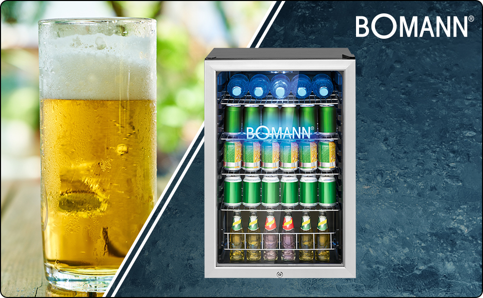 Холодильник для напоїв Bomann® KSG 7287 Inox | 63 літри | регулювання температури +3–10°C | з дверцятами зі скла, 4 полиці та LED-підсвічуванням | тихий, енергоефективний та компактний | для пляшок та банок
