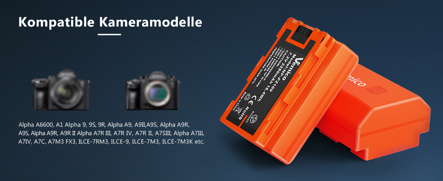 Зарядний пристрій Vemico NP-FZ100 з 2 акумуляторами 2280mAh (2 шт.) для камер Sony Alpha A7III/ A7R III/A7 IV/ A7R IV/ A9/ A6600. Сумісний з оригінальними акумуляторами Sony. LCD дисплей.