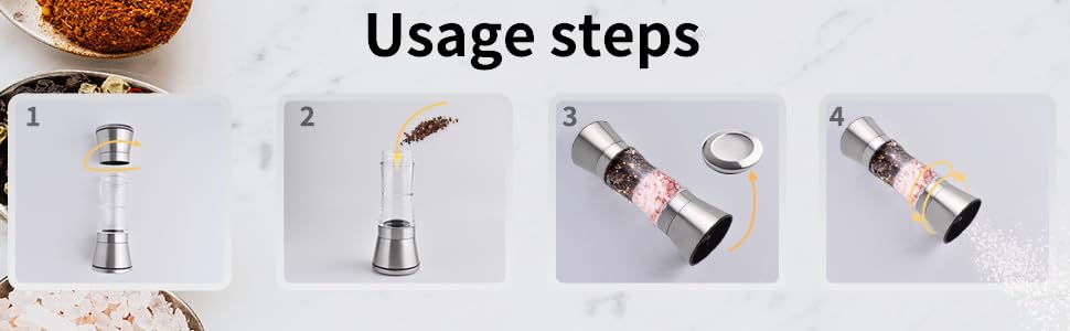 Мельниця для солі та перцю 2-в-1 Cyiecw, ручна, з регульованою керамічною млиночкою, з можливістю поповнення, нержавіюча сталь, срібна