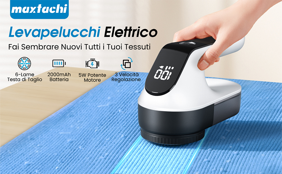 Електричний видалення ворсу Maxtachi - бездротовий зніматич ворсу для одягу з LED-дисплеєм, 6-клинковий ніж, для всіх тканин, чорний