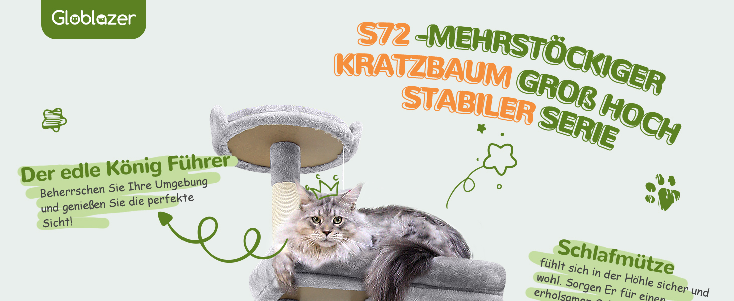 Дряпка для котів Globlazer XXL, 183 см, з будиночком, платформою та кошиком, сірий (S72)