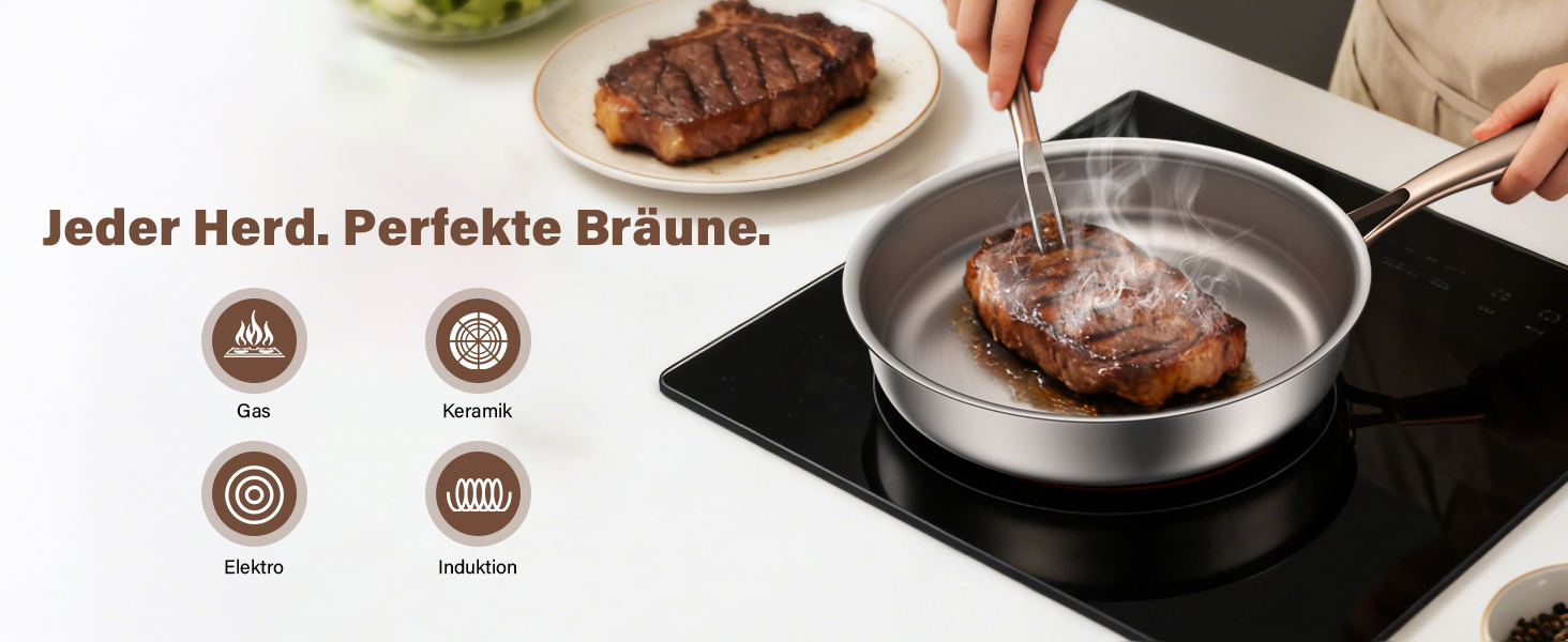 Сковорода Edelstal 28 см з титановим покриттям, індукційна, нержавіюча сталь 18/10, з рожево-золотистою ручкою (без PTFE, PFAS, PFOA) для всіх типів плит