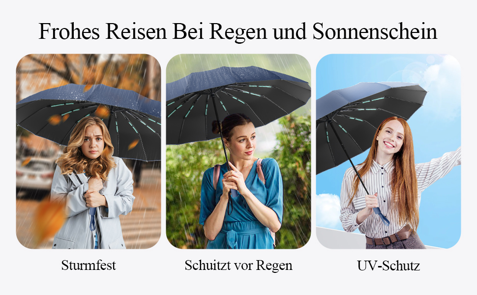 Стійкий до вітру парасолька-тростина, автоматичний, великий, з 16 ребрами, покриття Teflon 210T, анти-UV (блакитний)