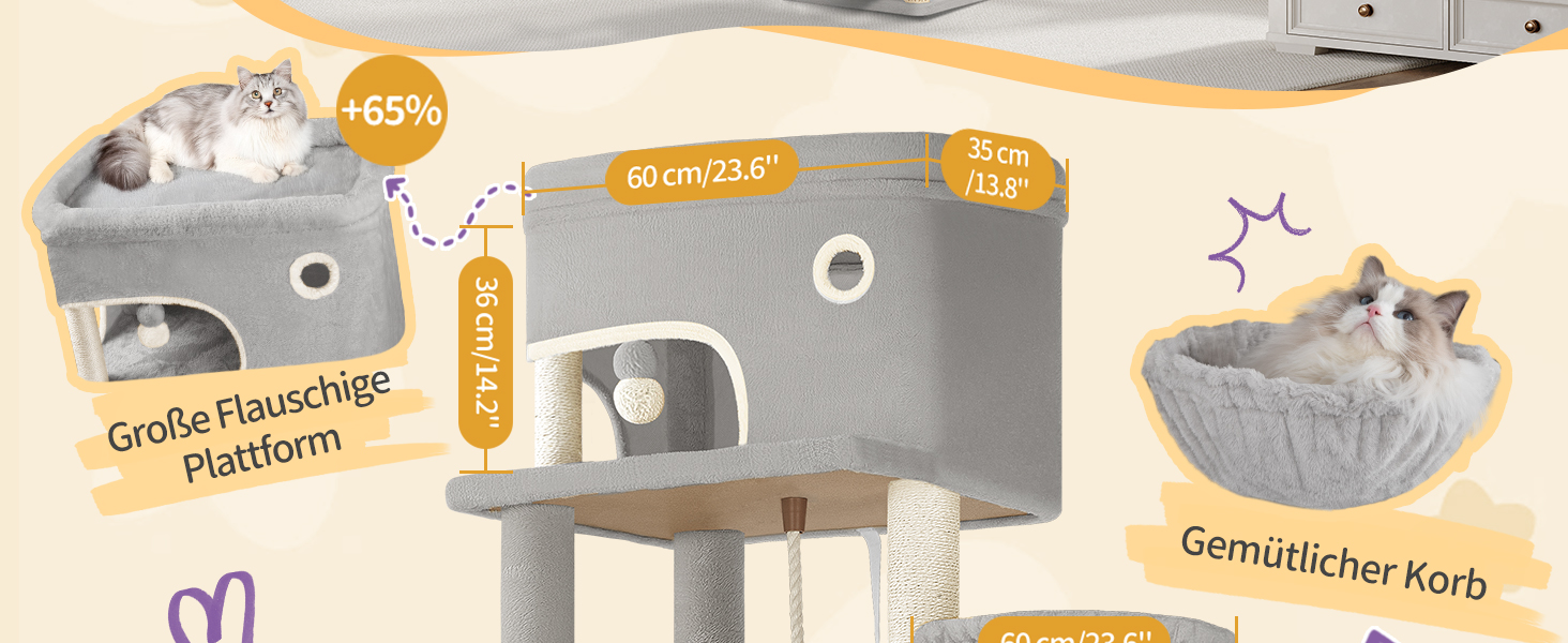 Когтеточка для котів Hzuaneri XXL (203 см) з великою платформою, 2 печери, 7 стовпчиків, помпонами, лежаками та гамаком. Підходить для всіх порід котів. MS20318YL (Світло-сірий)
