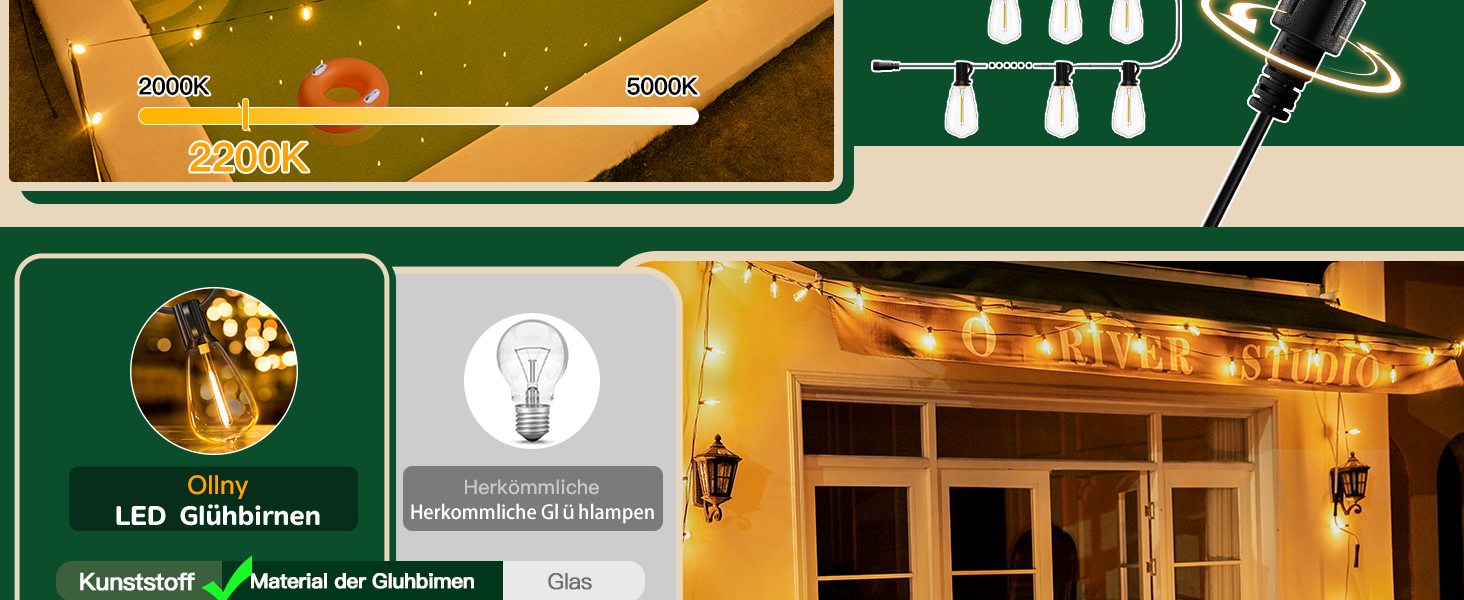 Ланцюжок вогнів Ollny для вулиці 5м, 13+1 ST38, LED, для саду, кемпінгу, вечірок