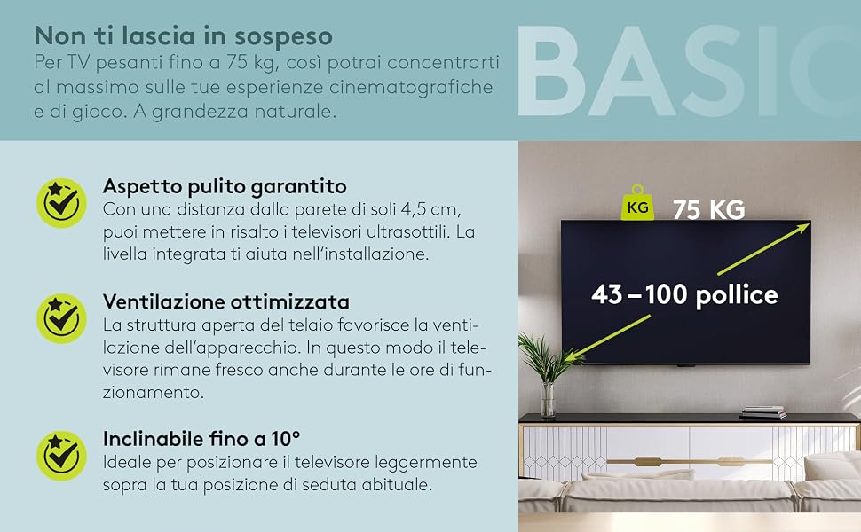 Настінний кронштейн для телевізора goobay Basic TILT XL (43–100 дюймів), нахил 10°, ультратонкий 45 мм, VESA 800x400, до 75 кг, 49743