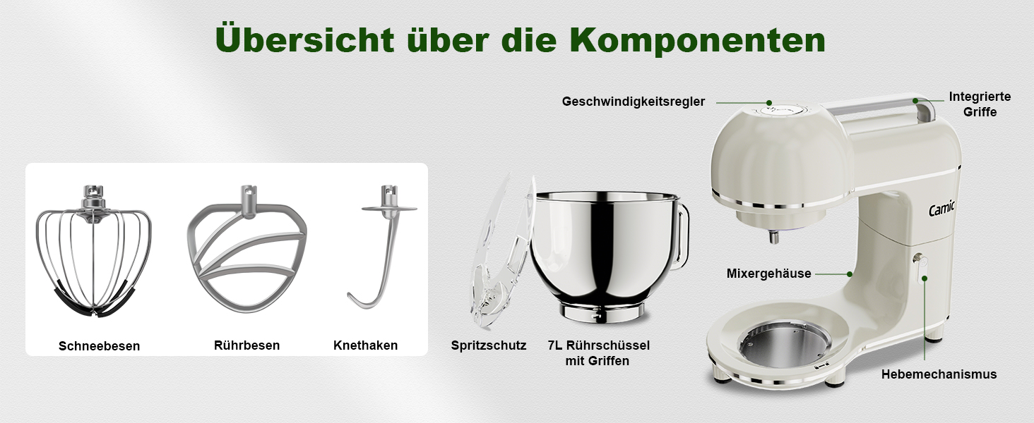 Кухонний комбайн-міксер Camic 2000W, чаша з нержавіючої сталі 7л, 10 швидкостей, набір насадок та захист від бризок, білий