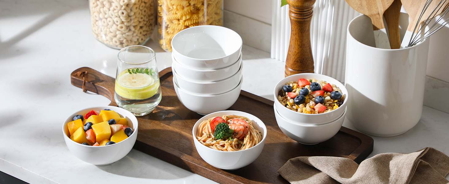 MALACASA Набір з 8 порцелянових мисок для мюслі та супу, 420 мл, кремово-білий, 12.8x12.8x6.5 см