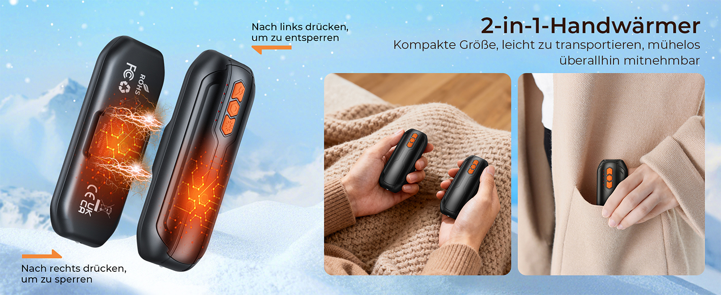 Електричні грілки для рук VIWAVE (2 шт) з LED, USB-зарядка, 5 температурних режимів, для кемпінгу, подарунок для жінок та чоловіків