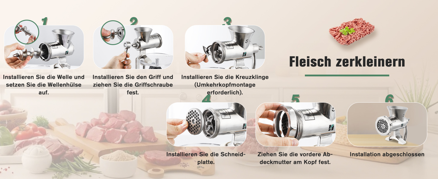 М'ясорубка ручна Huanyu з нержавіючої сталі, насадка для ковбас та печива, миється в посудомийній машині, для яловичини, свинини та овочів (№8)