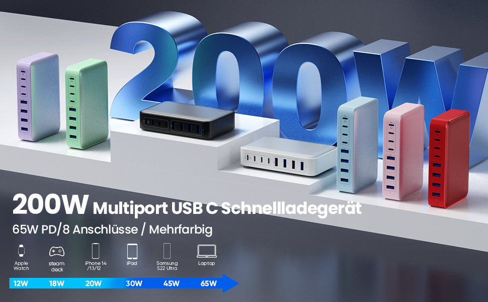 Зарядний пристрій Feob 200W USB-C GaN III 8-Port з PPS PD 65W для MacBook, iPhone, Steam Deck, смартфонів - Чорний