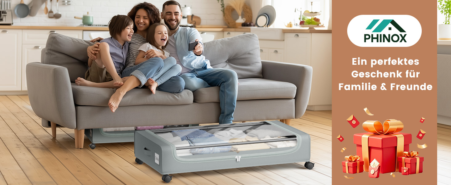 Коробки для зберігання під ліжко PHINOX з роликами, сірі, 2 шт (74x42x16 см) - коробки-органайзери для одягу, взуття, іграшок з прозорою кришкою