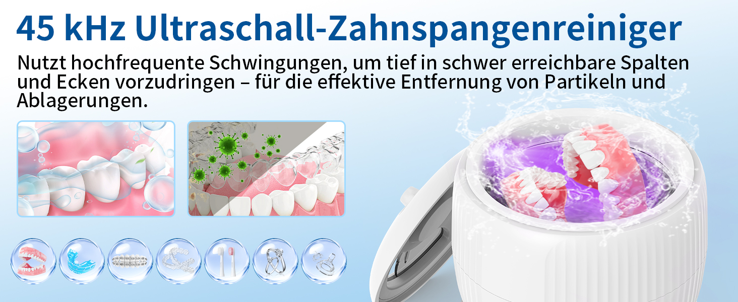 Ультразвуковий очищувач для зубних протезів, кап, брекетів та ювелірних виробів 200 мл, 45000 Гц, з УФ-лампою