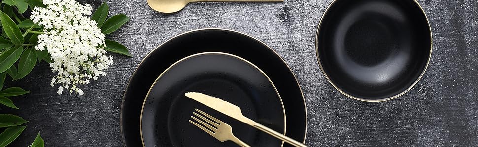 CreaTable Geschirr Set INDUSTRIAL GOLD: 16-teilний сервіз для 4 осіб (чорний), з каменю, для посудомийної машини та мікрохвильової печі