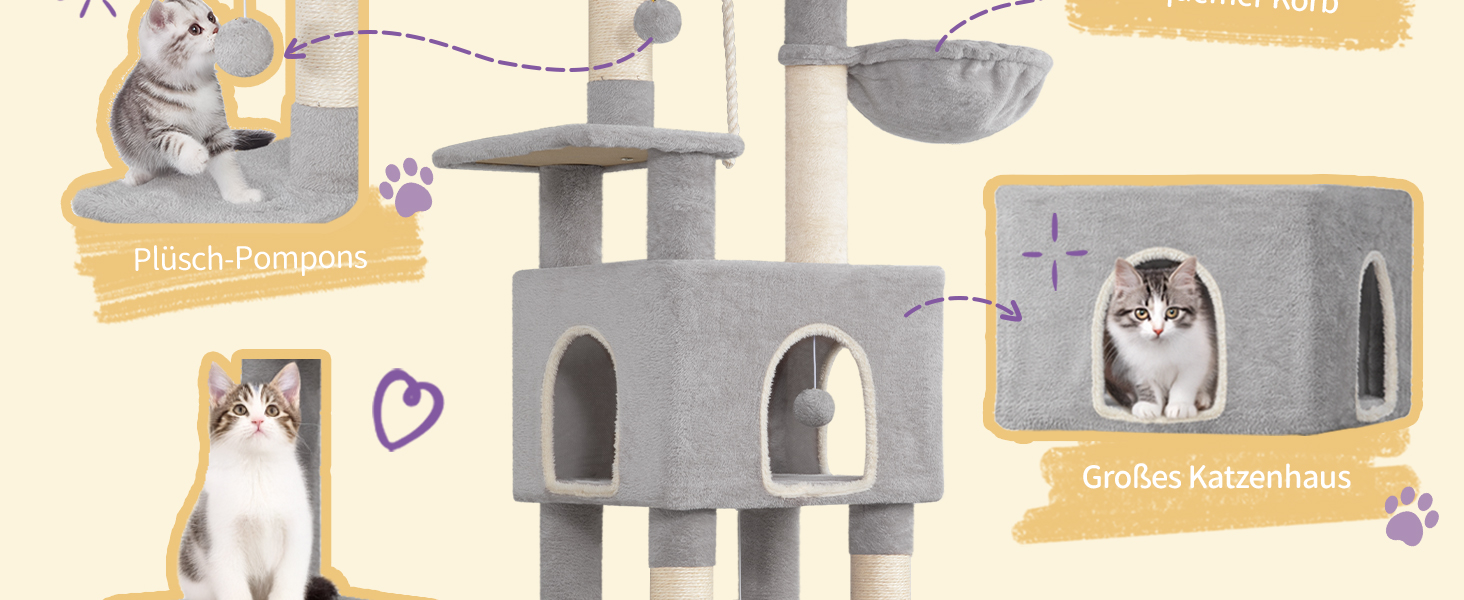 Двоповерховий комплекс для котів з 5 стовпчиками для шліфування, платформами, будиночком, помпонами, сірий (149см)