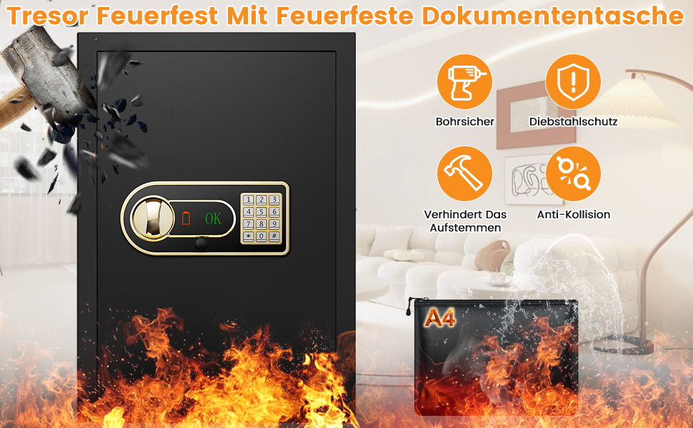Мобільний сейф Mejasg Safe Tresor: компактний вогнестійкий сейф для дому, грошей, медикаментів та коштовностей (23x17x17 см, 65л)