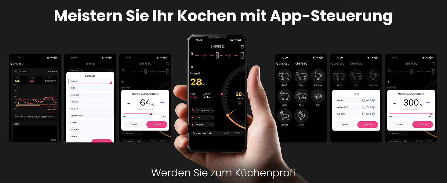 Бездротовий термометр для м'яса з Bluetooth, дальність до 240м, керування через додаток, до 24 годин роботи, IP67, миється в посудомийній машині, стійкий до олії - для гриля, коптильні, ротатерія, духовки, аерофритюрниці HK-BQ-01