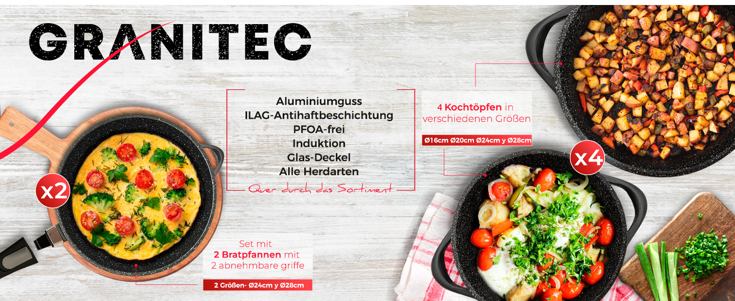 Набір посуду Induktion BRIEBЕ 12-ти частинний: 4 казани з алюмінію, 2 сковорідки з антипригарним покриттям ILAG GRANITEC (без PFOA), кришки зі скла, рукавички з силікону. Підходить для індукційних, газових плит та духовки.