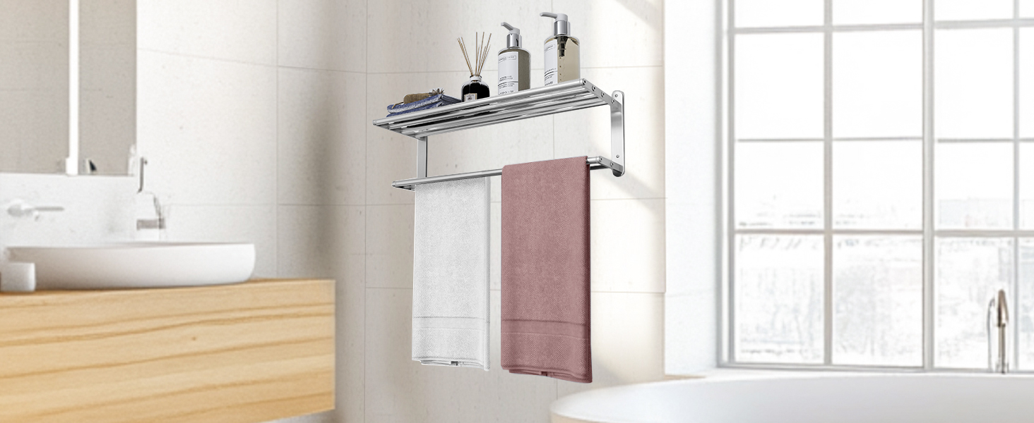 Тримач для рушників у ванну кімнату – 61 см, полиця для рушників з подвійною перекладиною, нікельована сталь, кріплення на стіну, 2-ярусний, для ванної кімнати та туалету