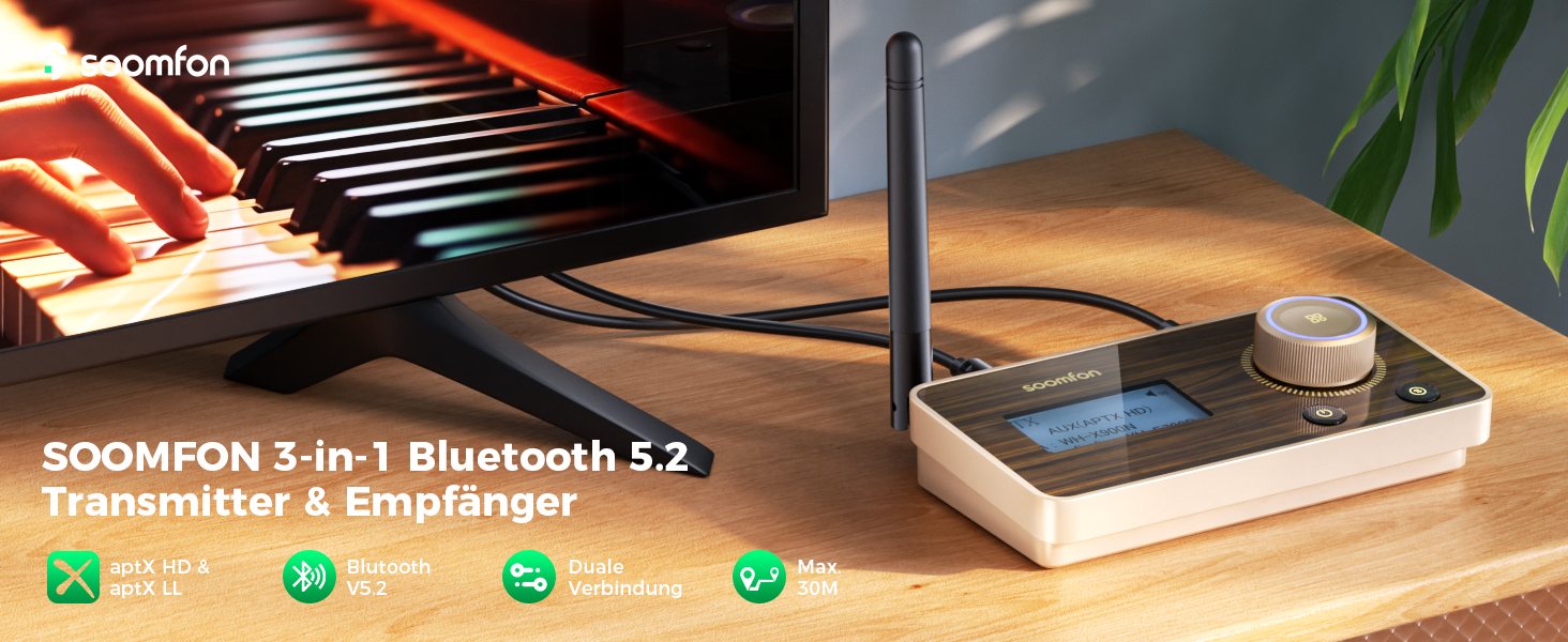 SOOMFON Bluetooth 5.2 Передавач/Приймач: Адаптер 3-в-1 для TV, Аудіосистеми, Навушників, Підтримка aptX LL & HD, Регулювання гучності, Dual Connection, Aux/Оптичний/RCA