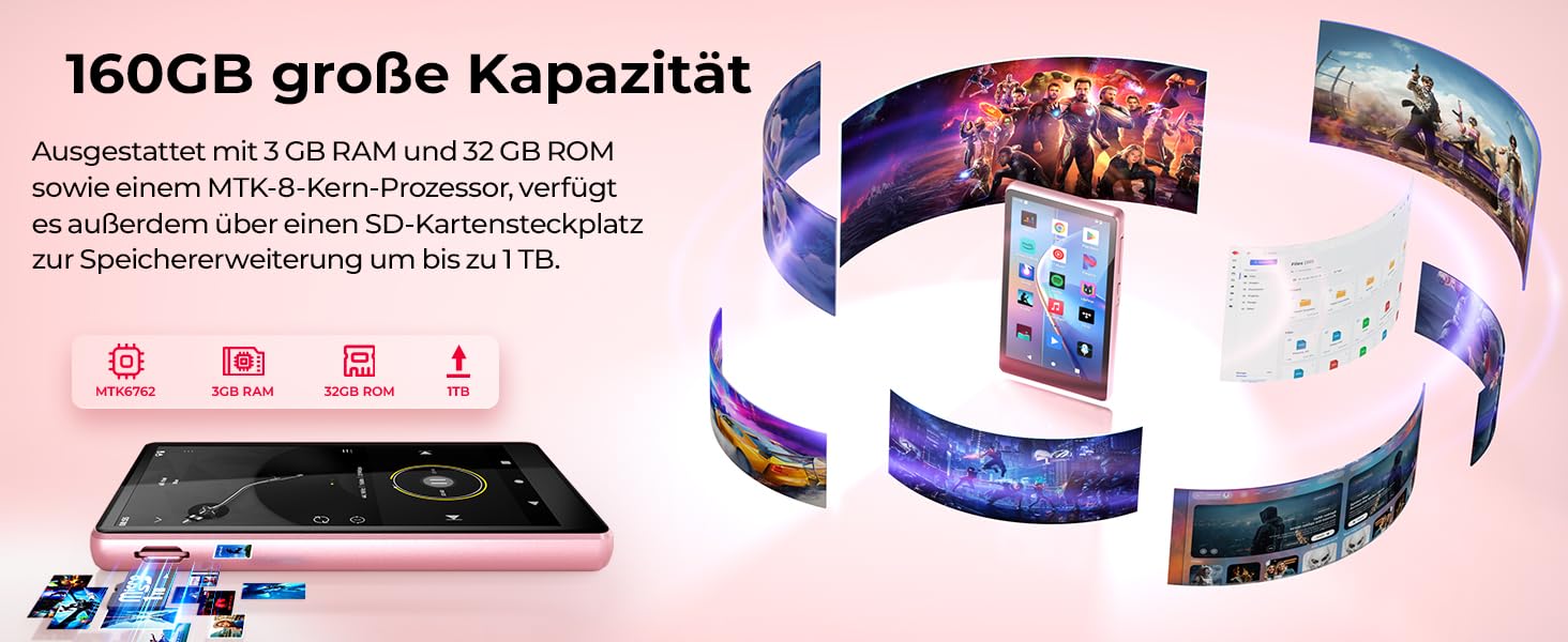 MP3 плеєр з підтримкою Spotify, Bluetooth та WiFi, сенсорний екран 4.5