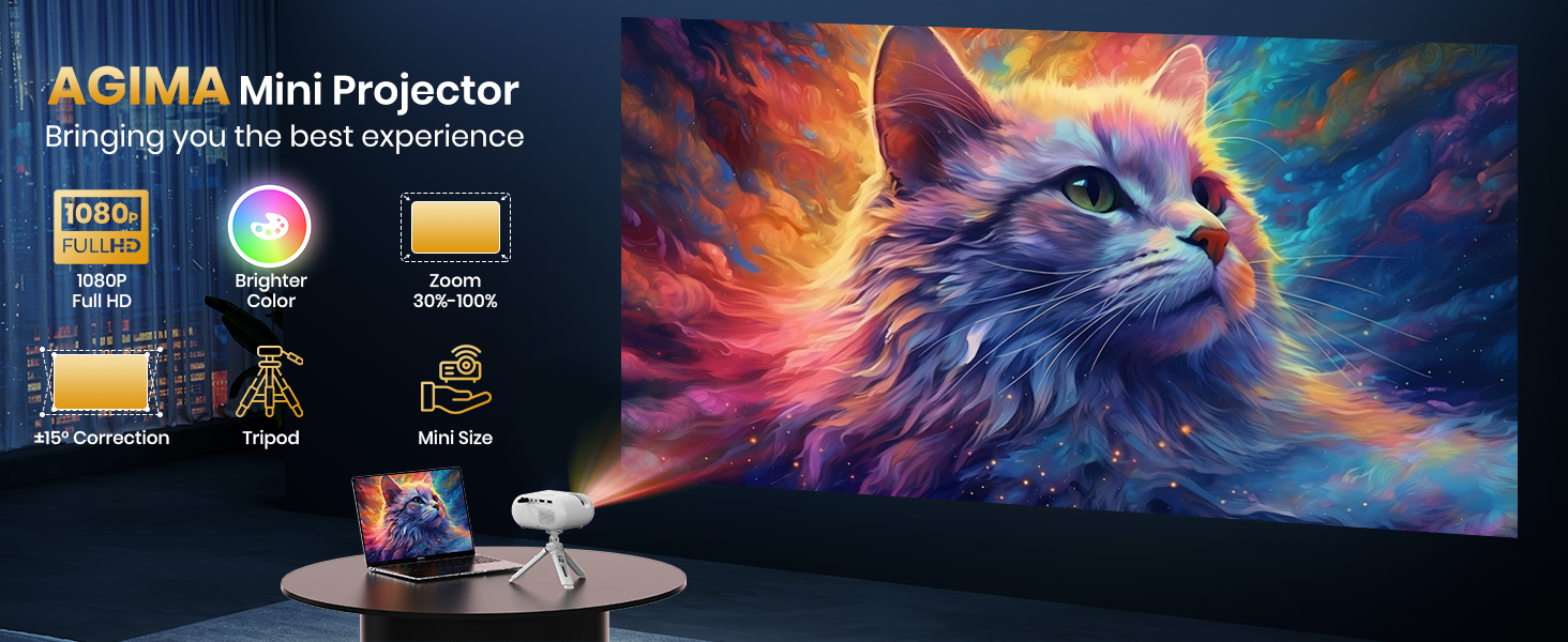 Портативний проєктор Mini Beamer 1080p з Wi-Fi та Bluetooth, сумісний з HDMI, смартфоном, USB, TV-Stick. Ідеально для домашнього кінотеатру та спальні. Чорний (Бежевий)