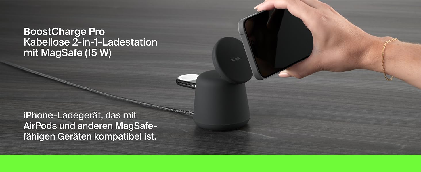 Беспроводная зарядная станция Belkin BoostCharge Pro 2-в-1 Qi2 15W MagSafe для iPhone, Apple Watch, AirPods (вугільний)