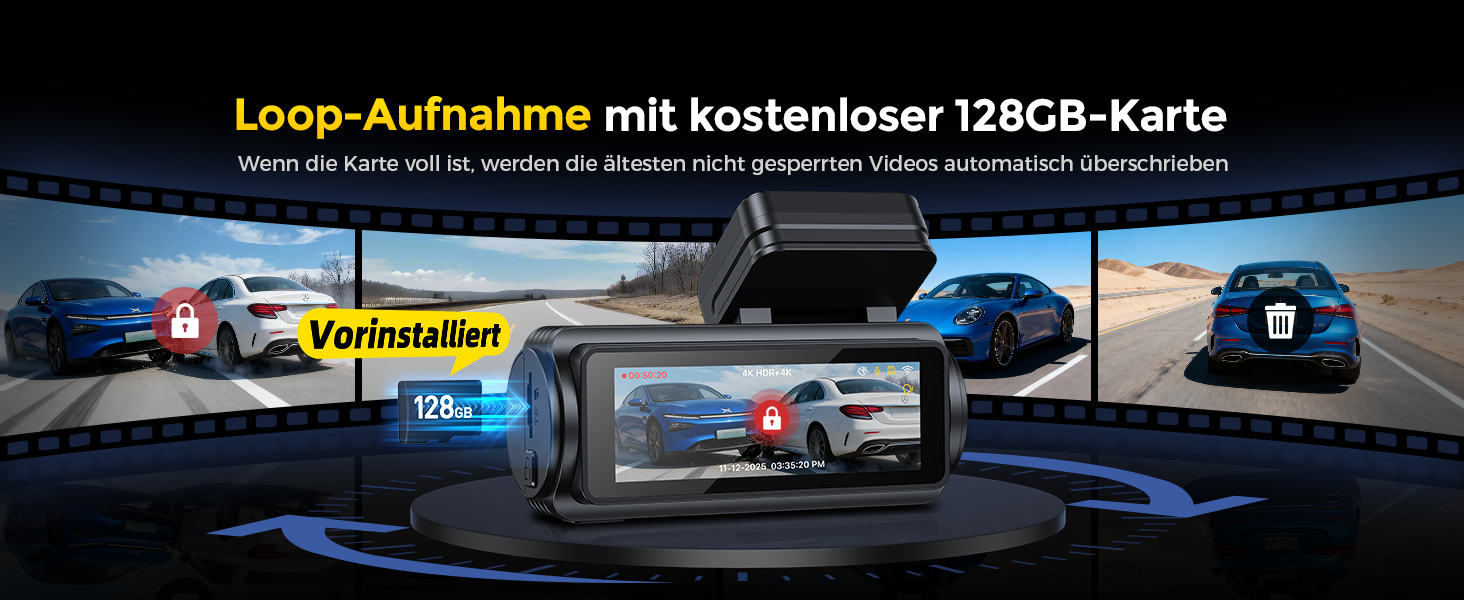 Автомобільний відеореєстратор GKU 4K+4K (передній та задній), сенсор STARVIS 2, HDR, нічна зйомка, чорний