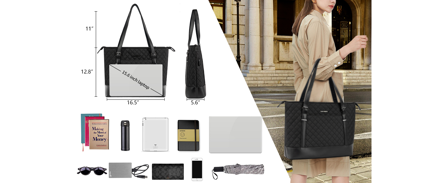 Сумка для ноутбука KROSER жіноча чорна елегантна 15.6 дюймів, велика легка сумка-тоут для бізнесу, школи, подорожей - стебнована