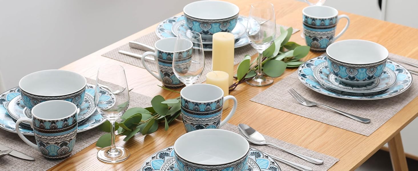 Набір посуду VEWEET на 4 особи, 16 предметів: порцеляновий сервіз з тарілками, мисками та чашками, сумісний з мийкою та мікрохвильовкою, серія Audrie