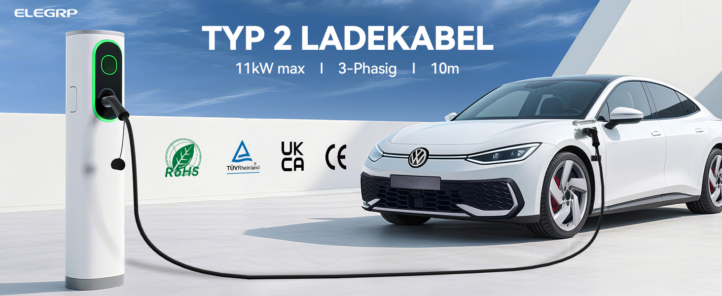 Кабель для зарядки електромобіля Typ 2 (32A, 22kW, 3-фазний) з сумкою, 10м, сумісний з Tesla, VW ID.3/4, e-Golf та іншими EV